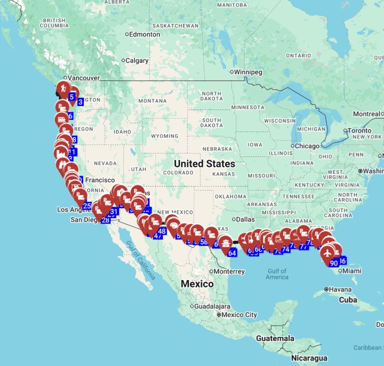 Map for טיול קרוואנים ארהב תכנון מסלול השכרת קרוואן והרפתקה מסיאטל למיאמי